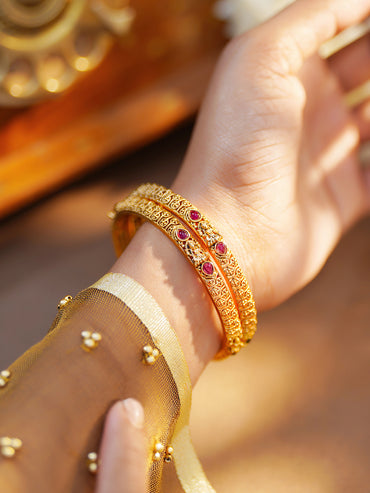 Rubans Set of 2 Gold Plated Pink & Green Studded Temple Bangles
