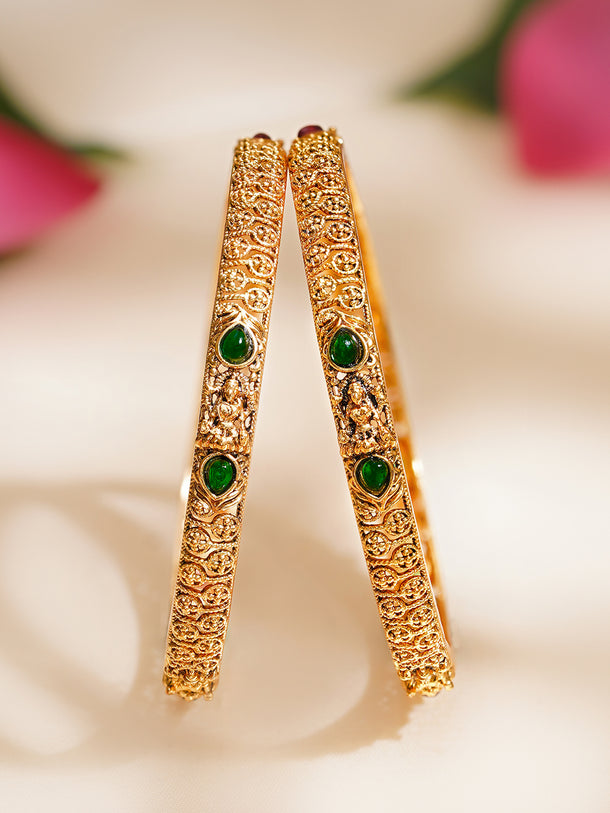 Rubans Set of 2 Gold Plated Pink & Green Studded Temple Bangles