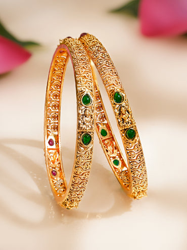Rubans Set of 2 Gold Plated Pink & Green Studded Temple Bangles