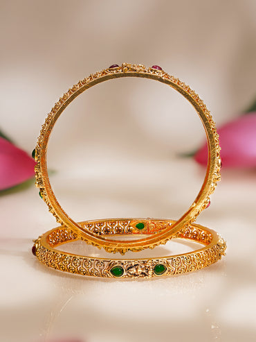 Rubans Set of 2 Gold Plated Pink & Green Studded Temple Bangles