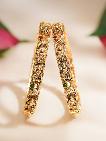 Rubans Set of 2 Gold Plated Pink & Green Studded Temple Bangles