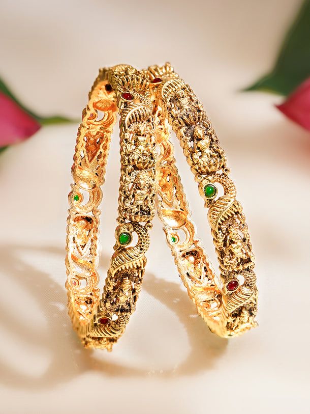 Rubans Set of 2 Gold Plated Pink & Green Studded Temple Bangles