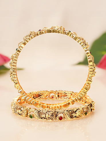 Rubans Set of 2 Gold Plated Pink & Green Studded Temple Bangles