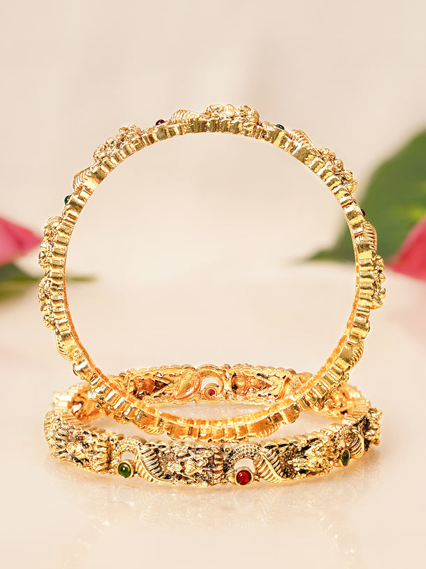 Rubans Set of 2 Gold Plated Pink & Green Studded Temple Bangles