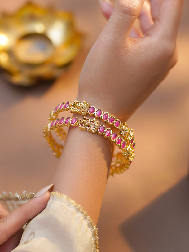 Rubans Set of 2 Gold Plated Laxmi Motif Ruby Studded Bangles