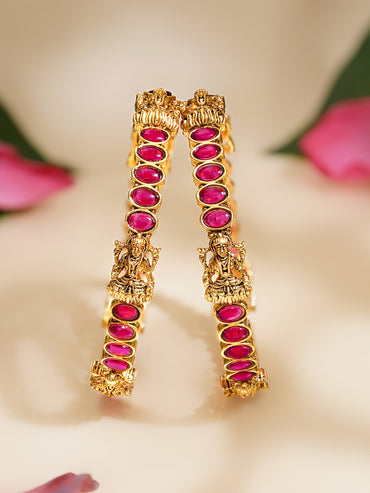 Rubans Set of 2 Gold Plated Laxmi Motif Ruby Studded Bangles