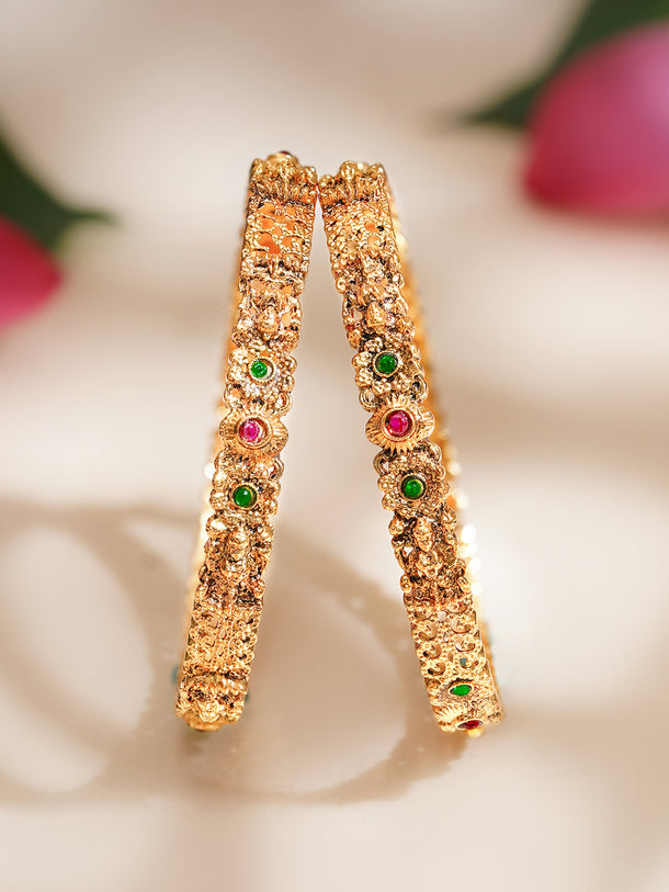 Rubans Set of 2 Gold Plated Pink & Green Floral Temple Bangles