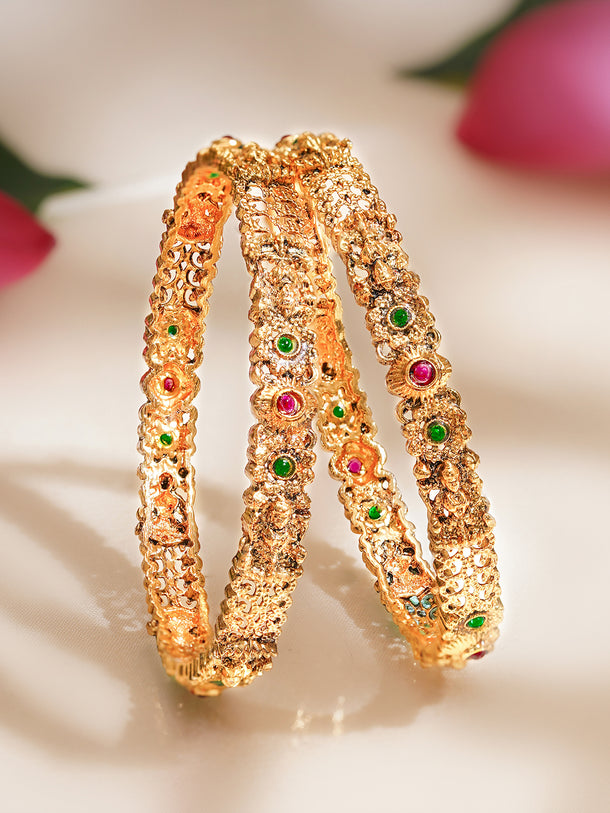 Rubans Set of 2 Gold Plated Pink & Green Floral Temple Bangles