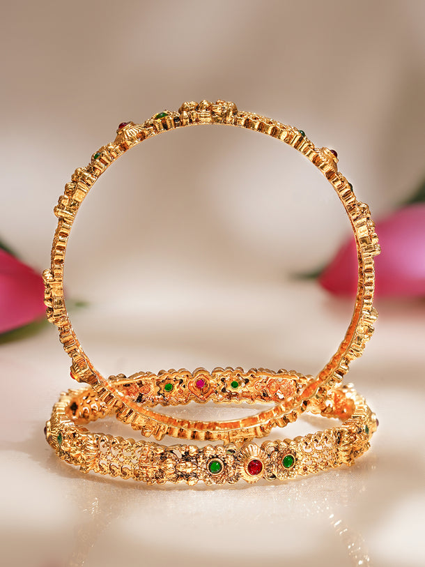 Rubans Set of 2 Gold Plated Pink & Green Floral Temple Bangles