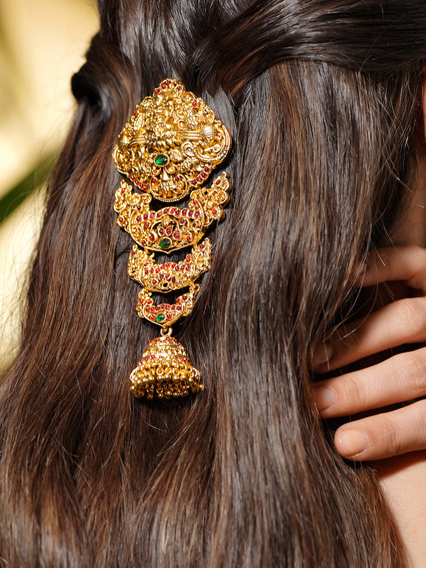 Pink Studded Laxmi Motif Gold Hair Brooch