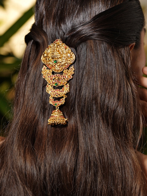 Rubans 22K Gold-Plated Ruby Red & Green Stones Antique Heritage Temple Hair Accessory