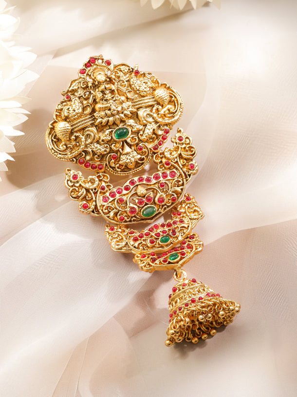 Rubans 22K Gold-Plated Ruby Red & Green Stones Antique Heritage Temple Hair Accessory