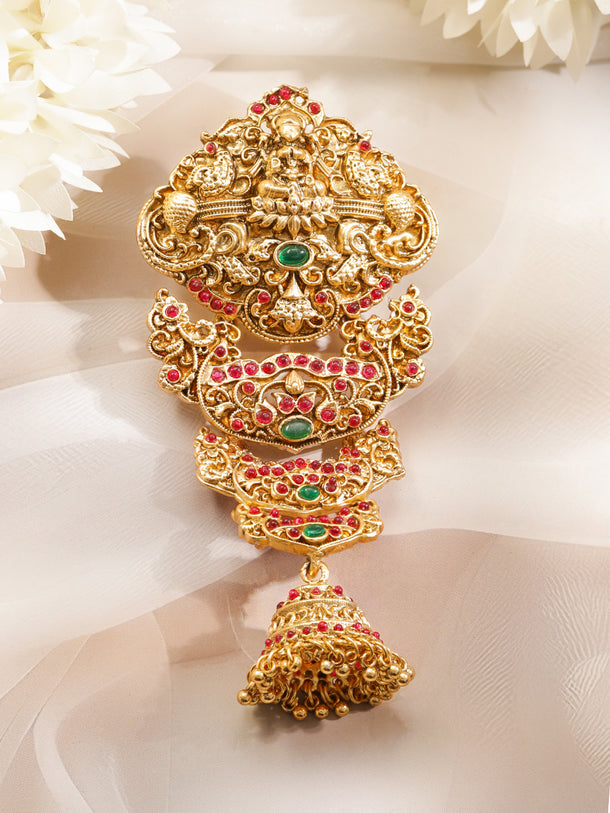 Rubans 22K Gold-Plated Ruby Red & Green Stones Antique Heritage Temple Hair Accessory