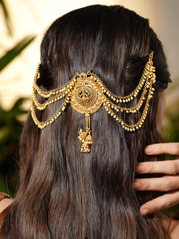 Pearl Embellished Laxmi Motif Gold Mathapatti