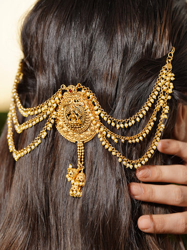 Rubans 22K Gold-Plated Pearl-Clustered Multi-Layer Lakshmi Temple Hair Accessory