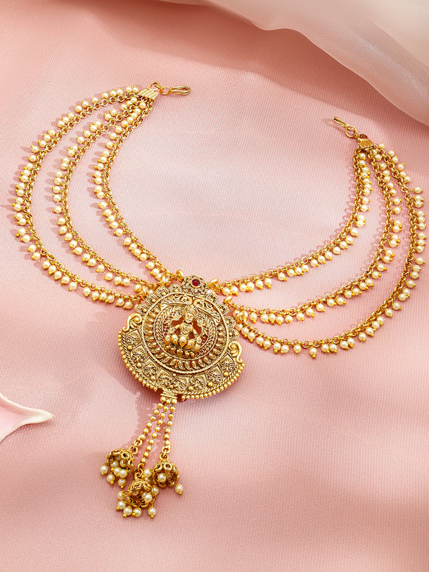 Rubans 22K Gold-Plated Pearl-Clustered Multi-Layer Lakshmi Temple Hair Accessory