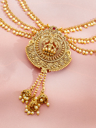 Pearl Embellished Laxmi Motif Gold Mathapatti