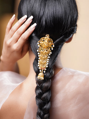 Gold Plated Brass Temple Hair Accessory with Red Green Accents