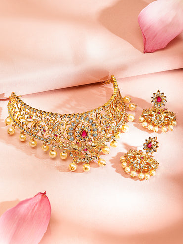 Captivating Red Gold Plated Choker Set