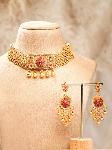 Rubans 24K Gold Plated Handcrafted Ruby Stone Studded & Gold Beaded Traditional Choker Set