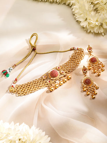 Rubans 24K Gold Plated Handcrafted Ruby Stone Studded & Gold Beaded Traditional Choker Set