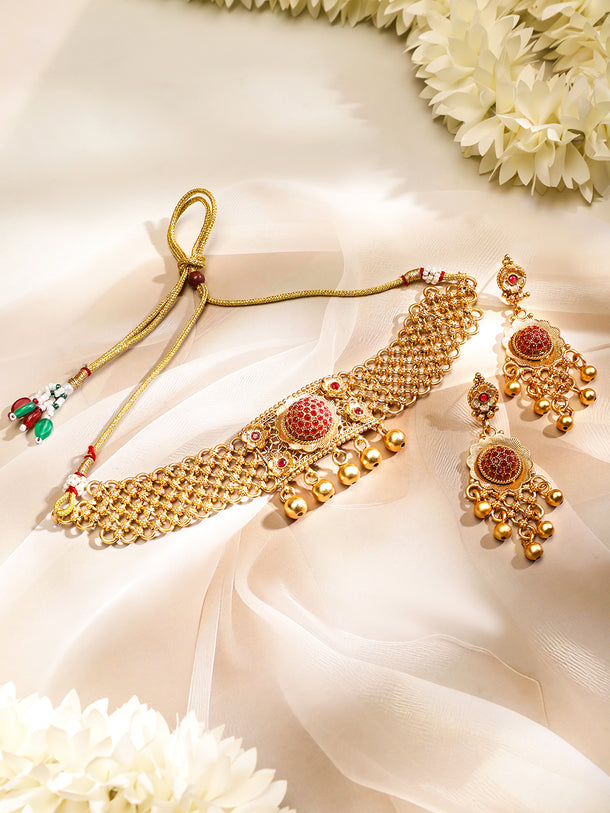 Rubans 24K Gold Plated Handcrafted Ruby Stone Studded & Gold Beaded Traditional Choker Set