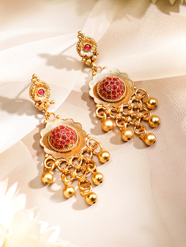 Rubans 24K Gold Plated Handcrafted Ruby Stone Studded & Gold Beaded Traditional Choker Set