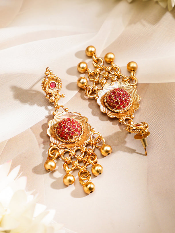 Rubans 24K Gold Plated Handcrafted Ruby Stone Studded & Gold Beaded Traditional Choker Set