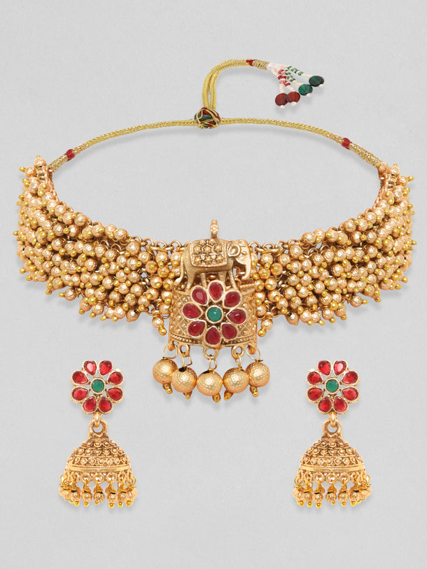 Rubans 24K Gold Plated Handcrafted Ruby Stone & Gold Ghungroo Temple Choker Set