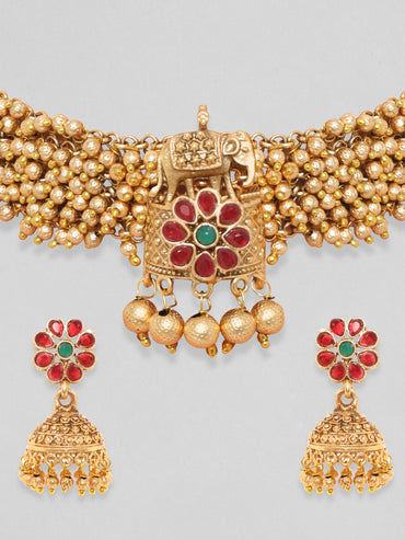 Rubans 24K Gold Plated Handcrafted Ruby Stone & Gold Ghungroo Temple Choker Set
