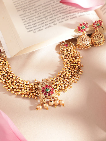 Rubans 24K Gold Plated Handcrafted Ruby Stone & Gold Ghungroo Temple Choker Set