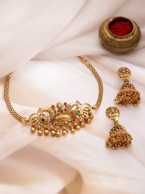 Peacock Motif Gold Drop Necklace Set