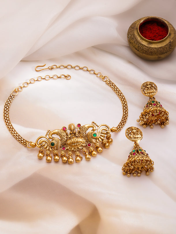 Peacock Motif Gold Drop Necklace Set