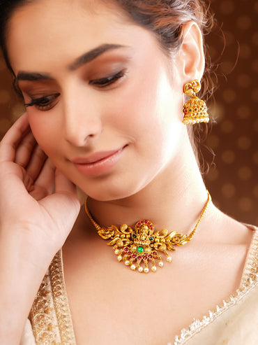 Gold Plated Peacock Motif Pearl Drop Temple Choker Set