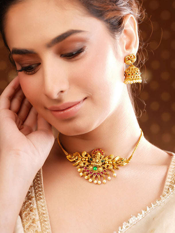 Gold Plated Peacock Motif Pearl Drop Temple Choker Set