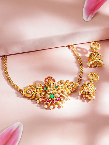 Gold Plated Peacock Motif Pearl Drop Temple Choker Set