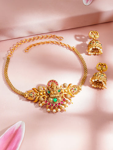 Gold Plated Peacock Motif Pearl Drop Temple Choker Set