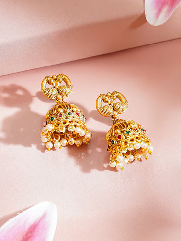 Gold Plated Peacock Motif Pearl Drop Temple Choker Set
