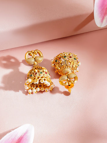 Gold Plated Peacock Motif Pearl Drop Temple Choker Set