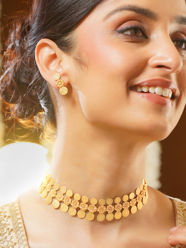 Gold Plated floral design coin drop Temple Choker Set