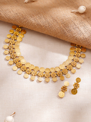 Gold Plated floral design coin drop Temple Choker Set