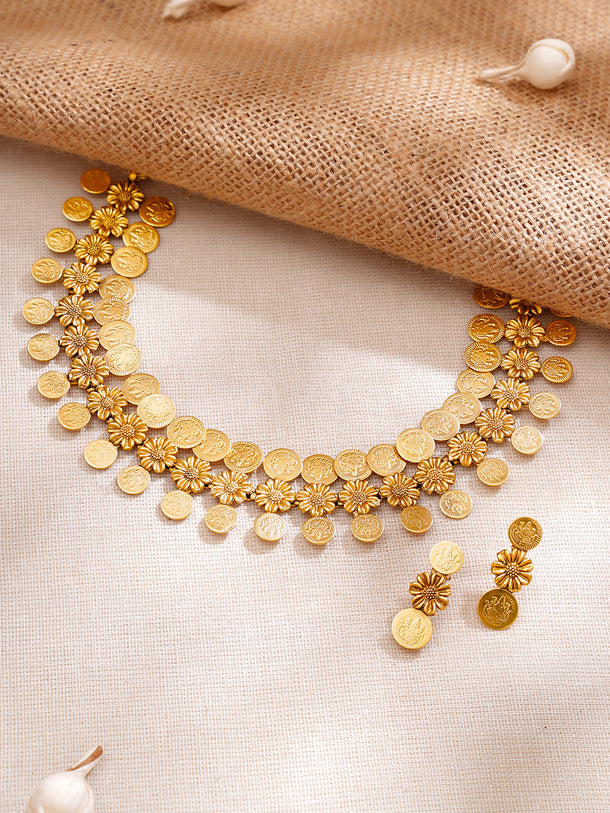 Gold Plated floral design coin drop Temple Choker Set