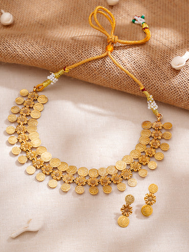 Gold Plated floral design coin drop Temple Choker Set