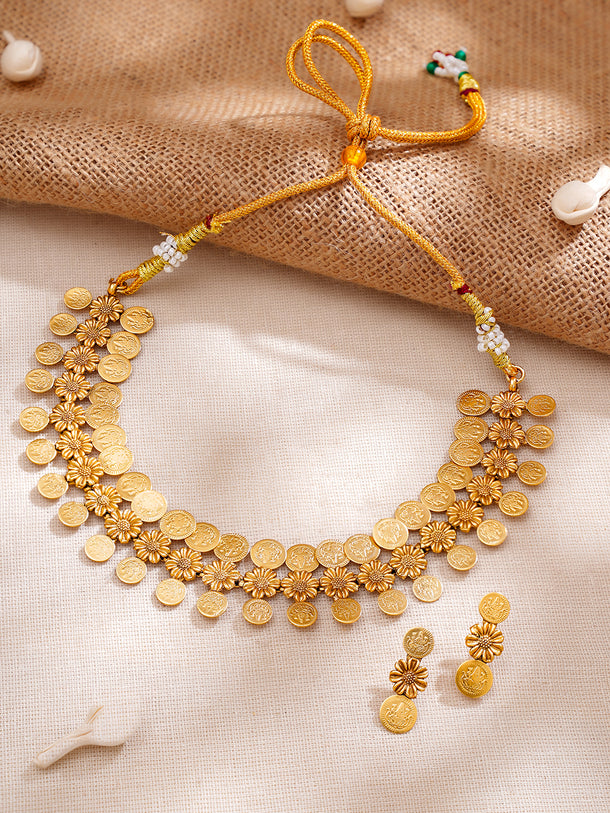 Gold Plated floral design coin drop Temple Choker Set