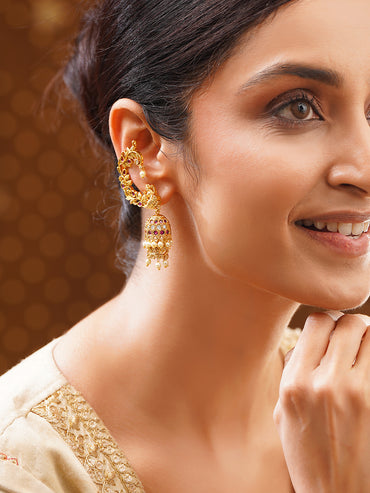 Gold Plated Laxmi Motif Pearl Drop American Diamond Zirconia Cuff Jhumka's