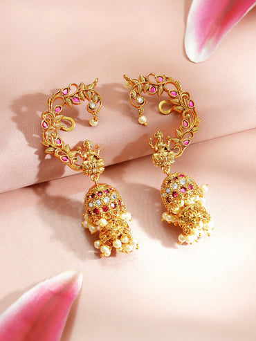 Gold Plated Laxmi Motif Pearl Drop American Diamond Zirconia Cuff Jhumka's