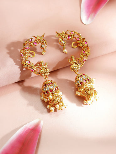Gold Plated Laxmi Motif Pearl Drop American Diamond Zirconia Cuff Jhumka's
