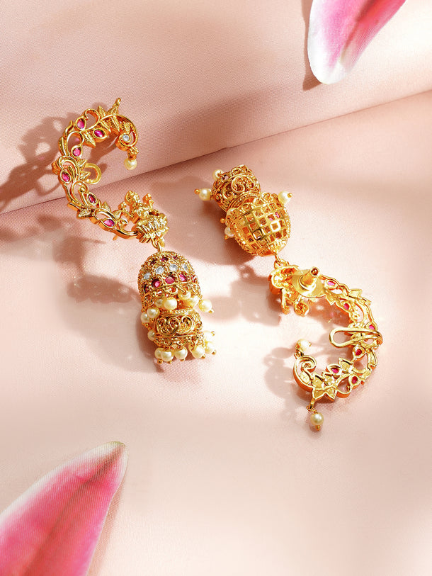 Gold Plated Laxmi Motif Pearl Drop American Diamond Zirconia Cuff Jhumka&