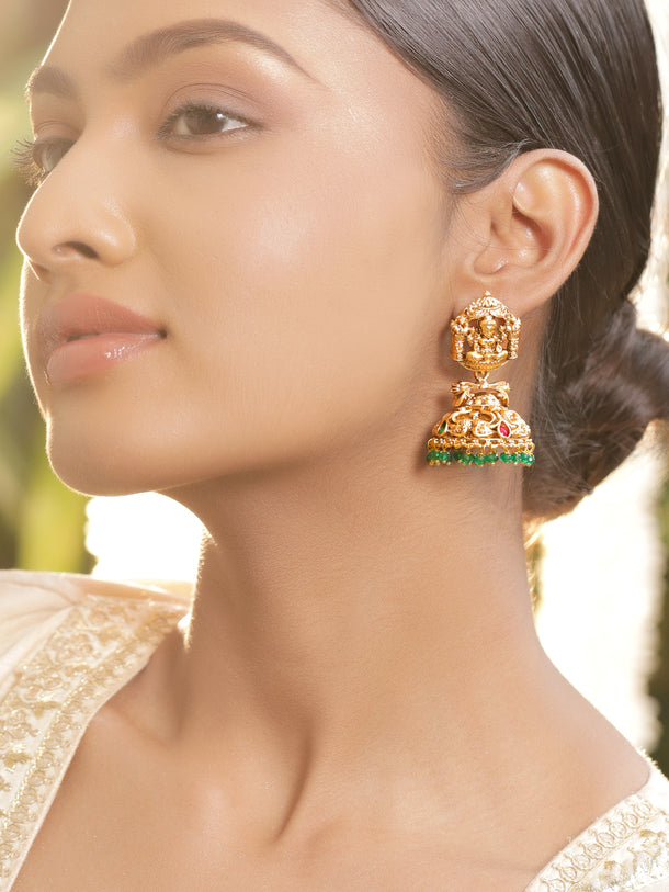 Rubans 18k Gold Plated Artificial Stones Studded & Beaded Temple Classic Jhumkas