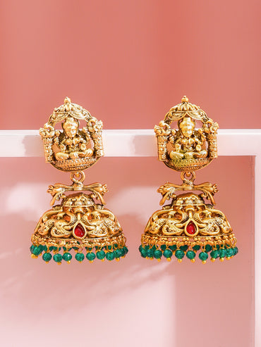 Rubans 18k Gold Plated Artificial Stones Studded & Beaded Temple Classic Jhumkas